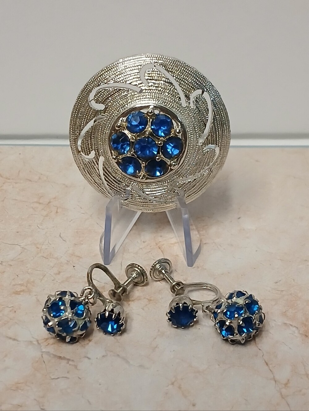 Vintage Silver-Tone Blue Crystal Brooch and Clip-On Earrings Set